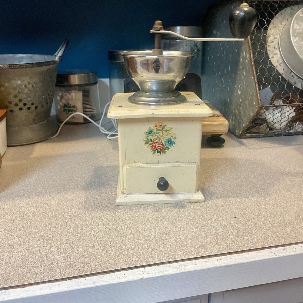 Vintage White Painted Wood w Floral Decal & Metal Crank Manual Coffee Grinder